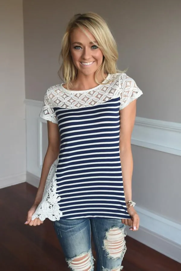 Stripes & Lace Top ~ Navy