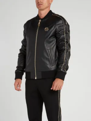 Studded Shoulder Stripe Leather Bomber Jacket