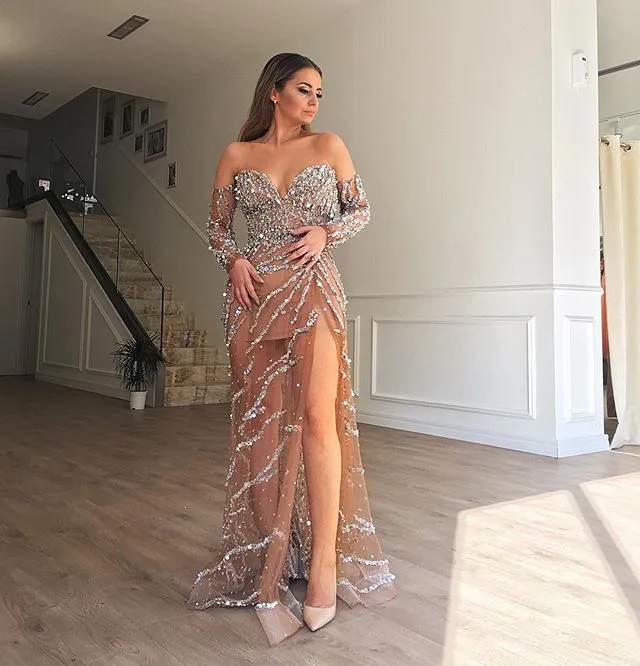 Sweetheart Tulle Backless Long Sleeve Rhinestones Sparkly Sequin Prom Dresses, FC3836