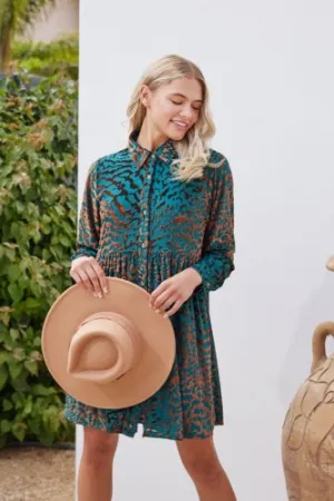 Teal   Bronze Velvet Leo Button Up Dress