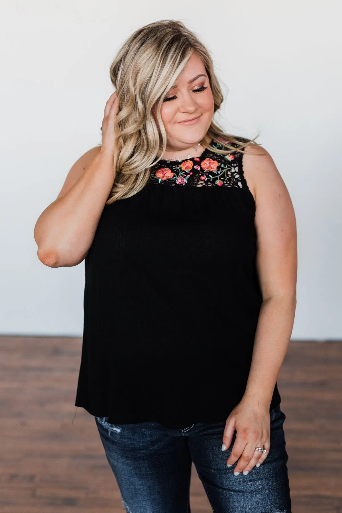 Thinking About Us Floral Crochet Tank Top- Black