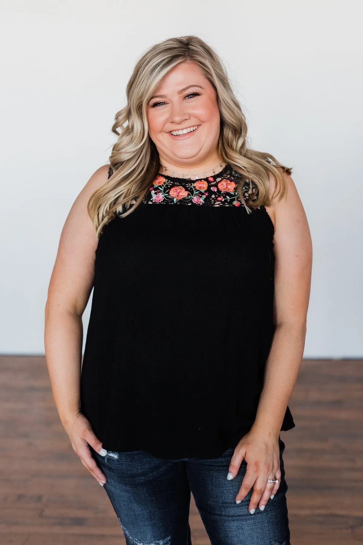 Thinking About Us Floral Crochet Tank Top- Black