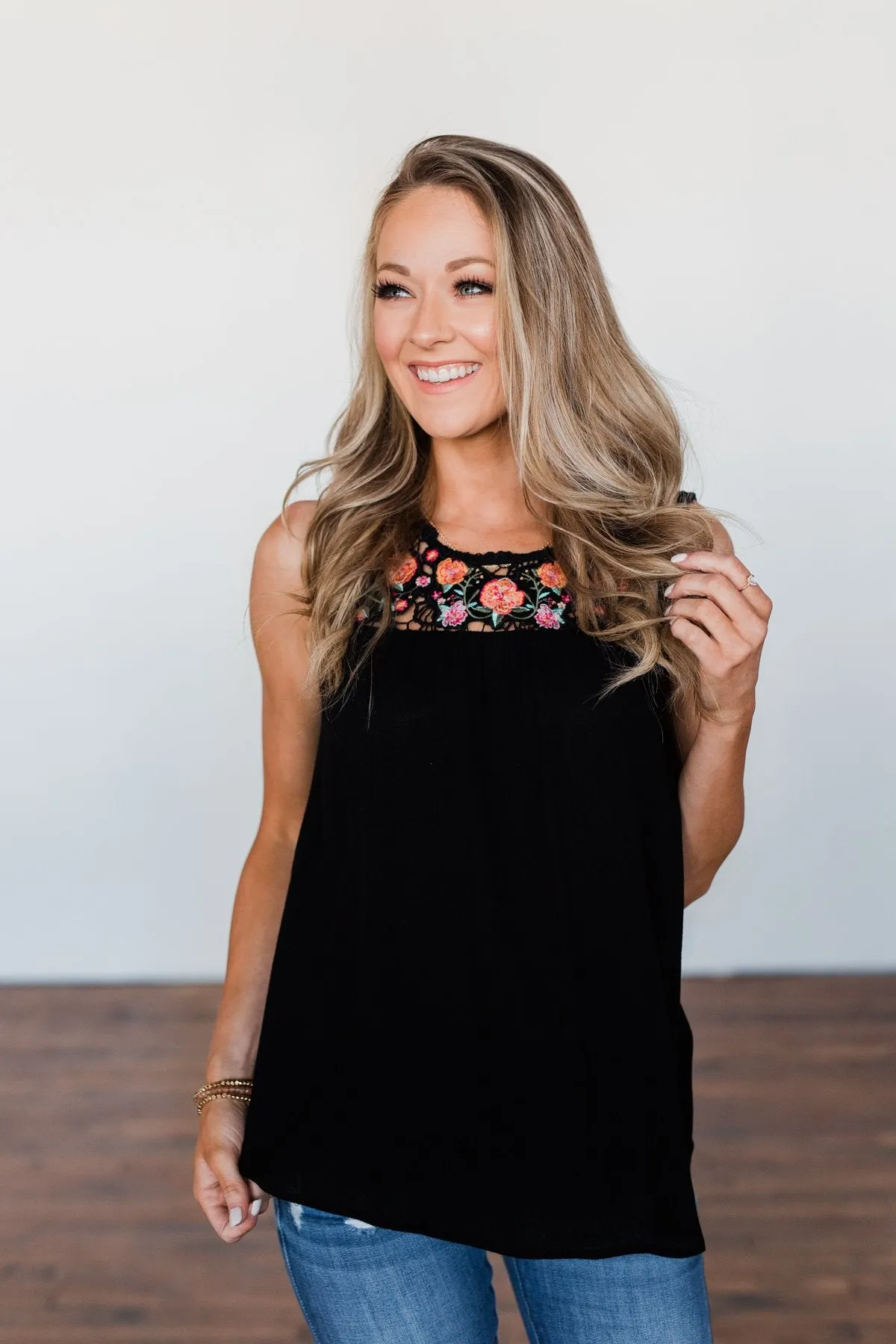 Thinking About Us Floral Crochet Tank Top- Black
