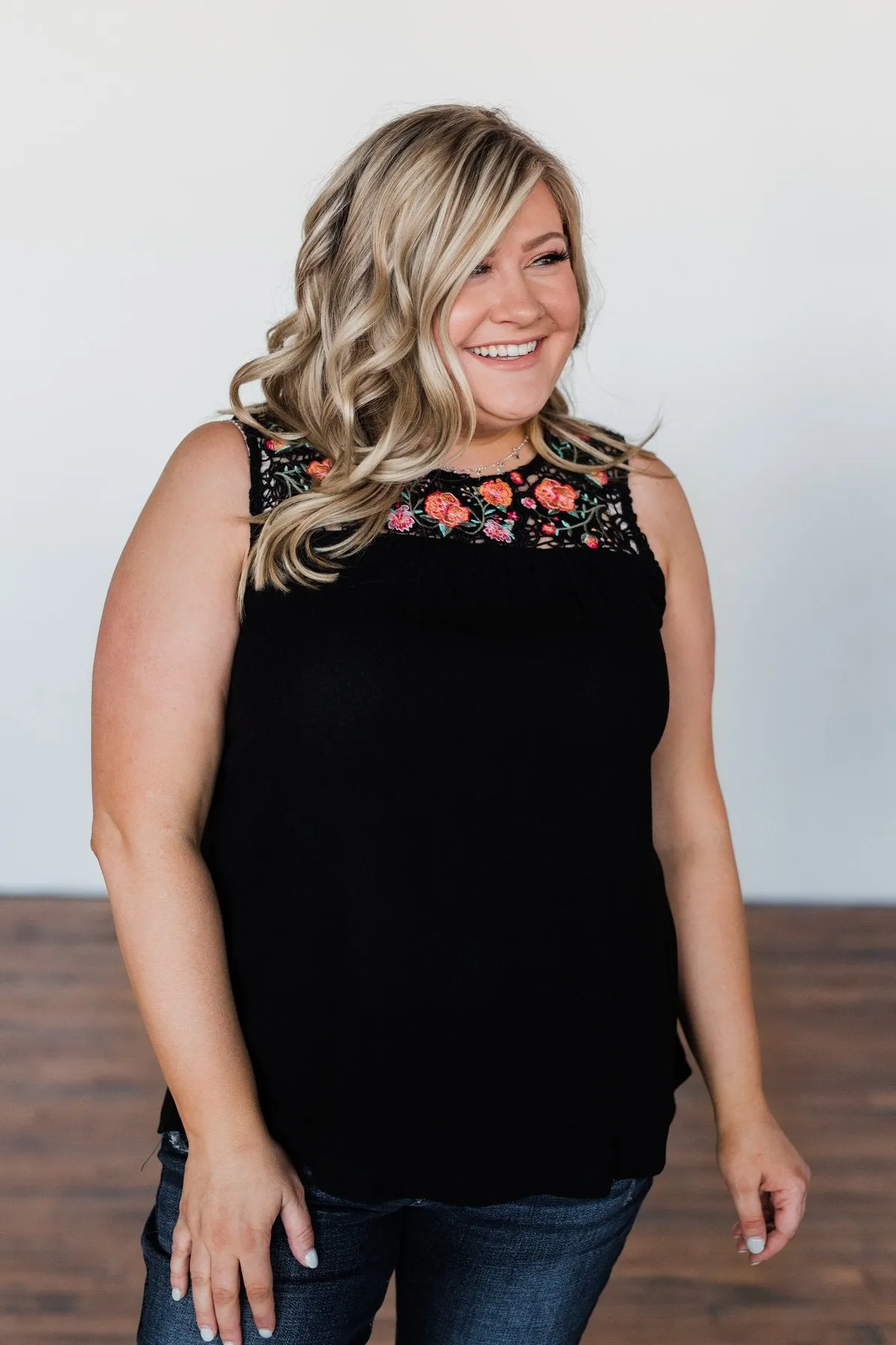 Thinking About Us Floral Crochet Tank Top- Black