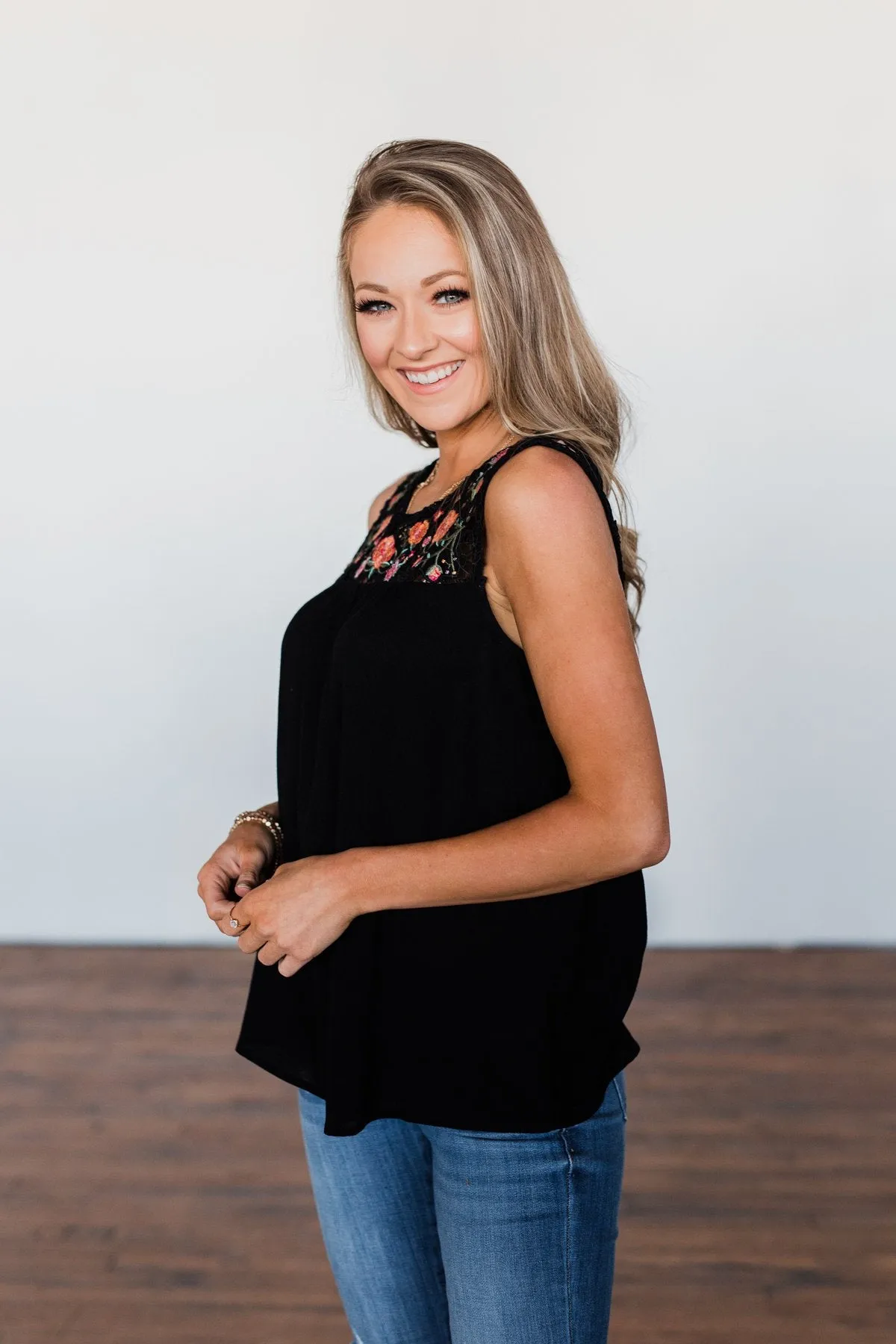 Thinking About Us Floral Crochet Tank Top- Black
