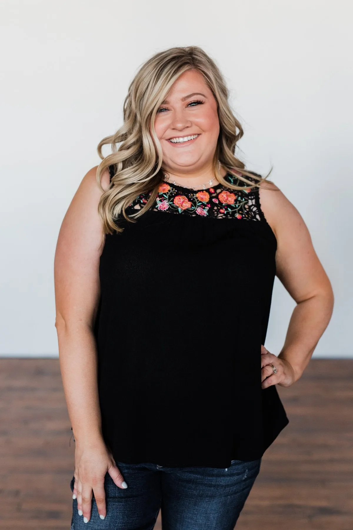 Thinking About Us Floral Crochet Tank Top- Black