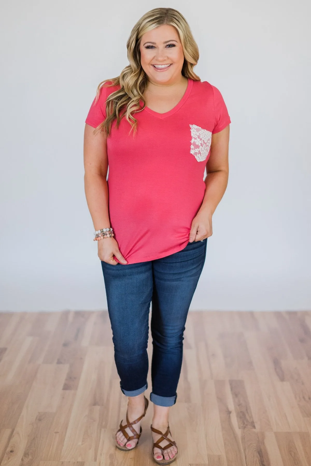 Torn Over You Lace Pocket Top- Watermelon