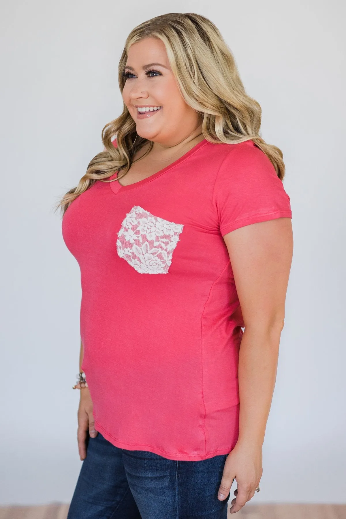 Torn Over You Lace Pocket Top- Watermelon