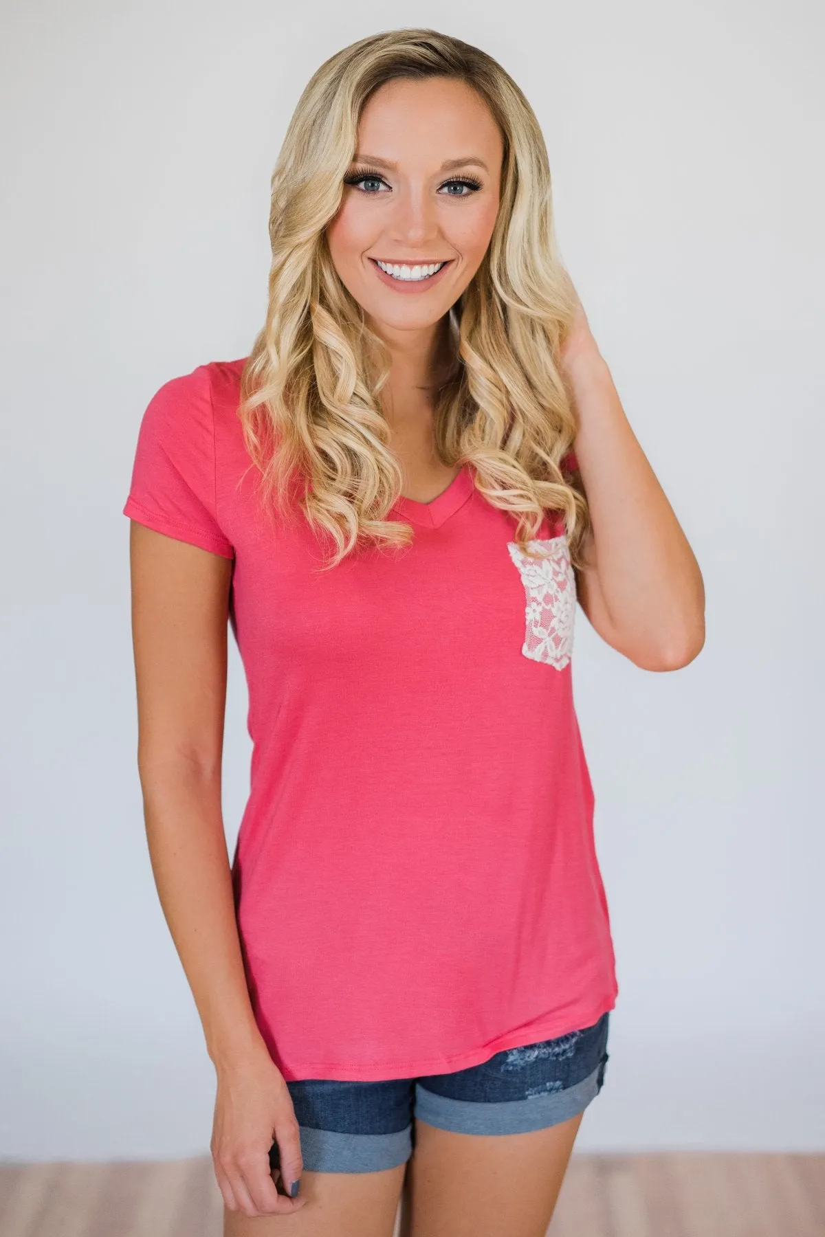Torn Over You Lace Pocket Top- Watermelon