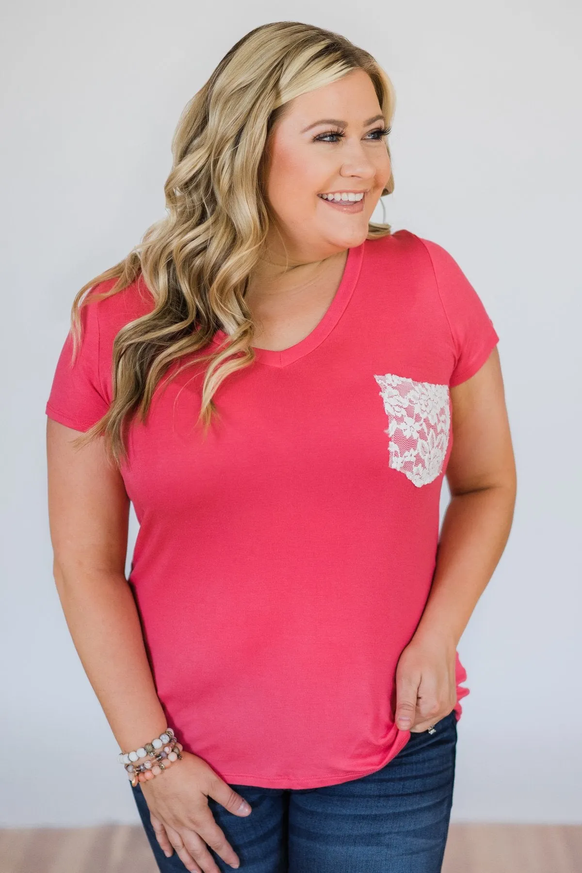Torn Over You Lace Pocket Top- Watermelon