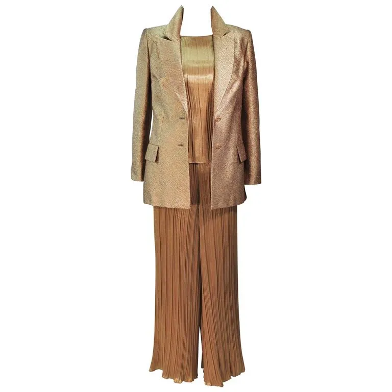 TRAVILLA Gold Metallic Silk Lame Pant Suit Ensemble Size 6