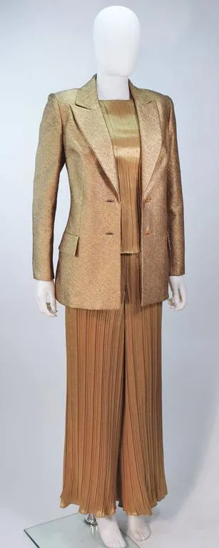 TRAVILLA Gold Metallic Silk Lame Pant Suit Ensemble Size 6