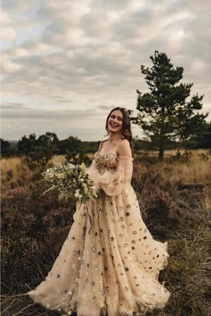 Tulle A-line Puff Sleeves Sweetheart Sequins Sparkly Wedding Dresses, MW840