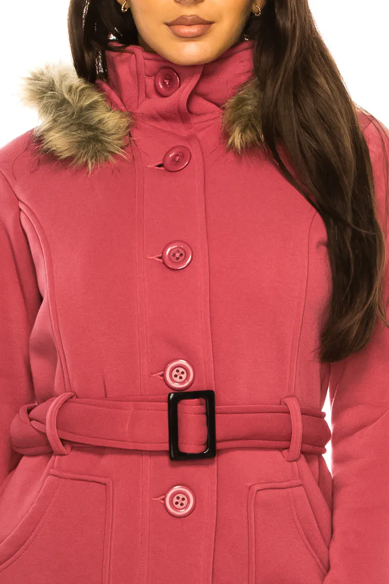 unik Women Fleece Coat with Fur Hood and Detachable Belt