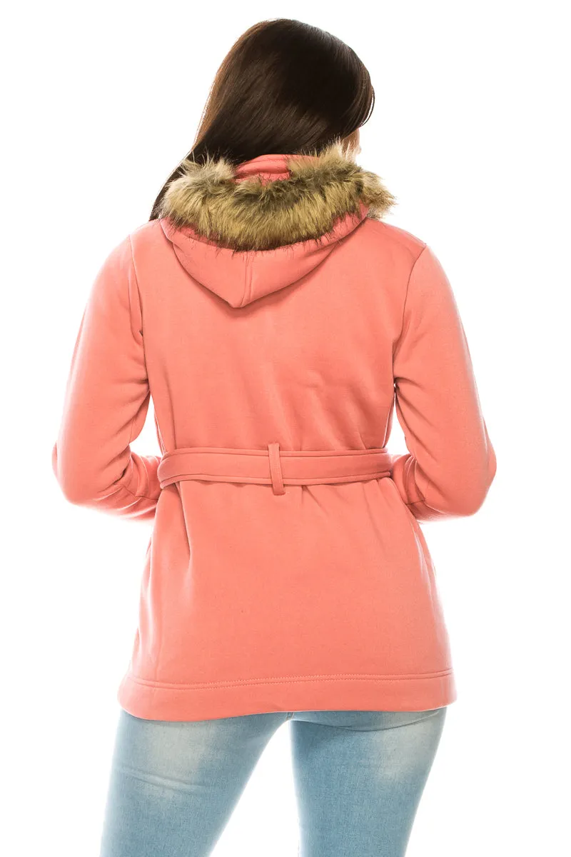 unik Women Fleece Coat with Fur Hood and Detachable Belt