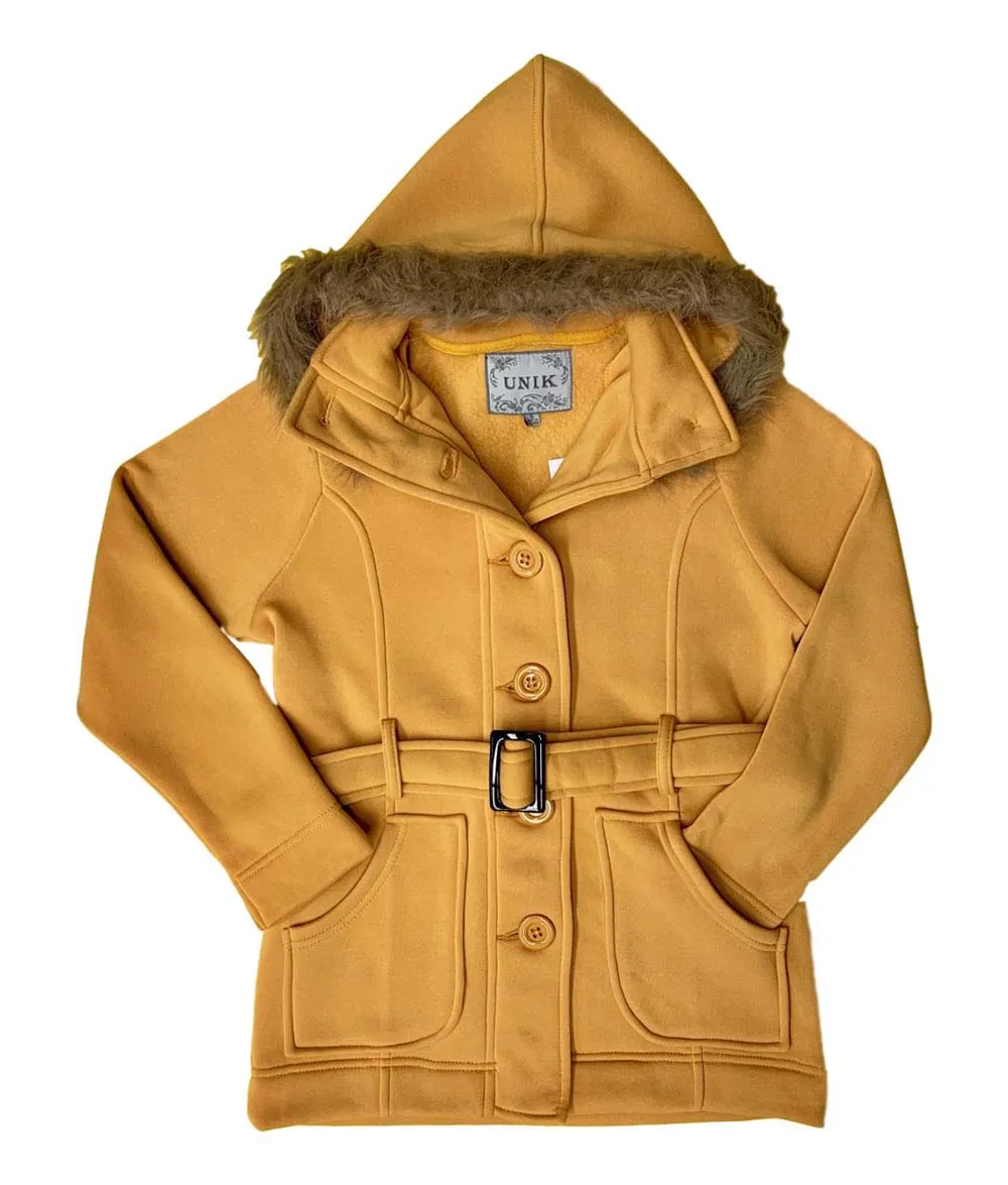 unik Women Fleece Coat with Fur Hood and Detachable Belt