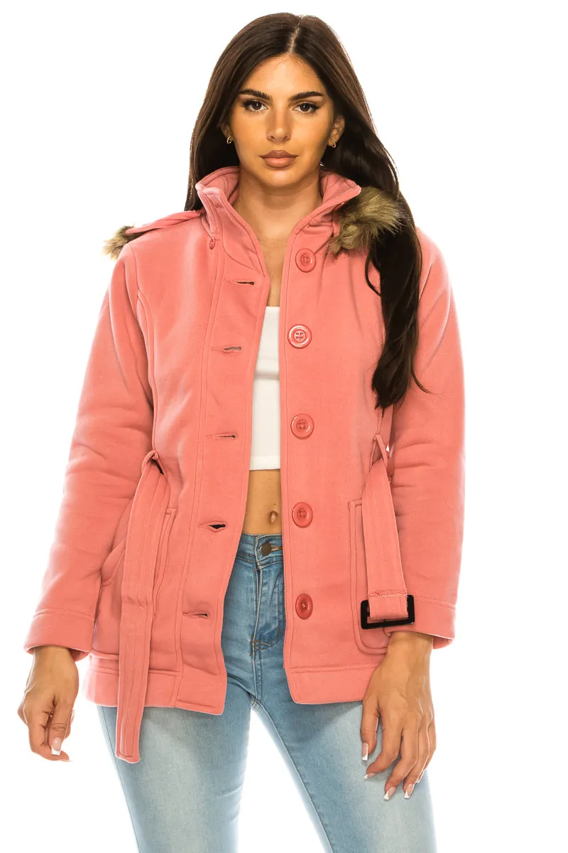 unik Women Fleece Coat with Fur Hood and Detachable Belt