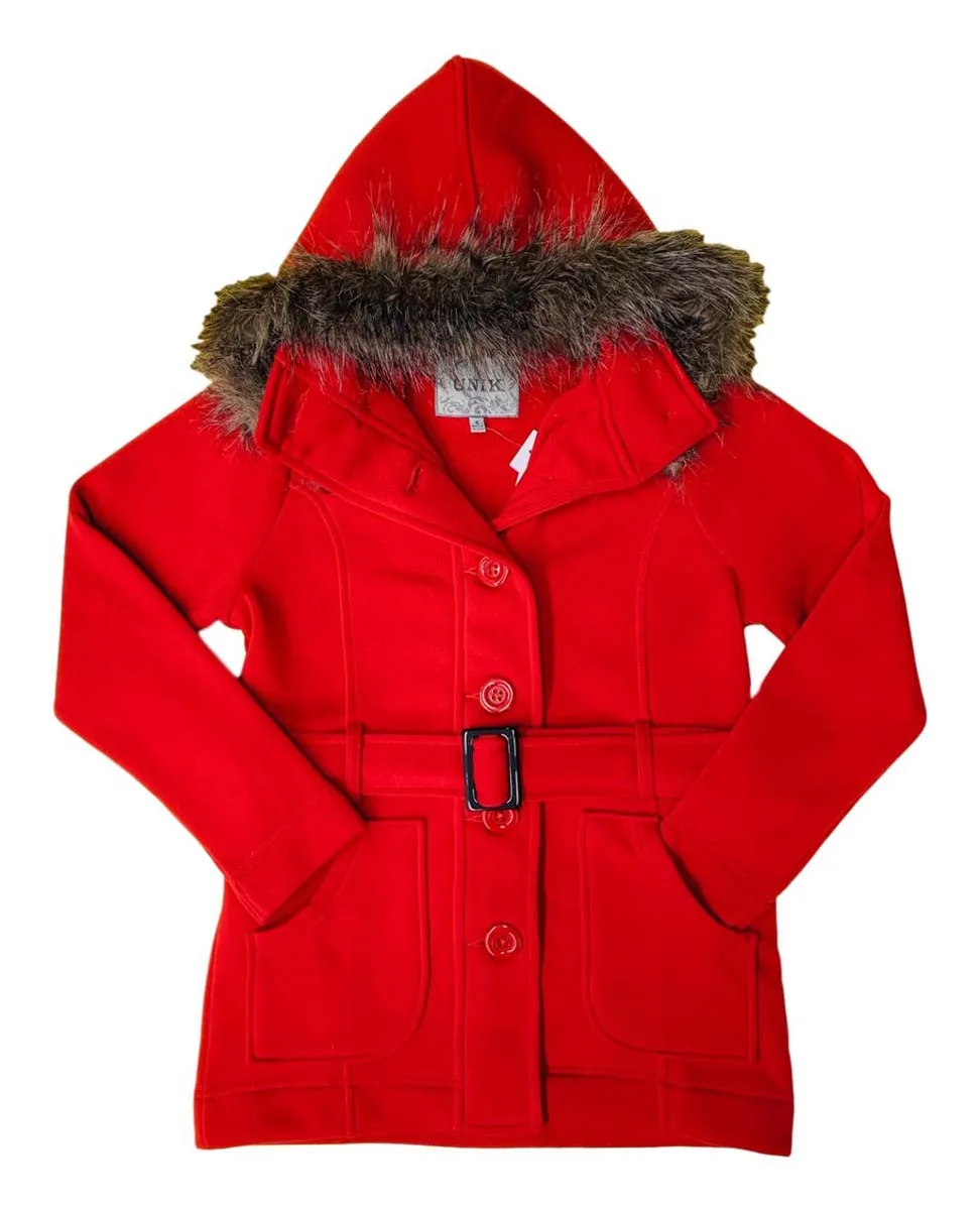 unik Women Fleece Coat with Fur Hood and Detachable Belt