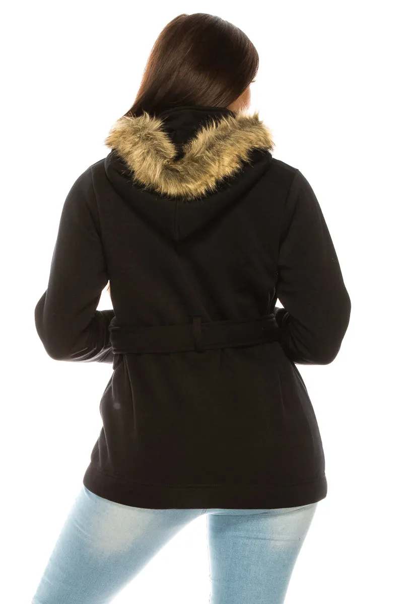 unik Women Fleece Coat with Fur Hood and Detachable Belt