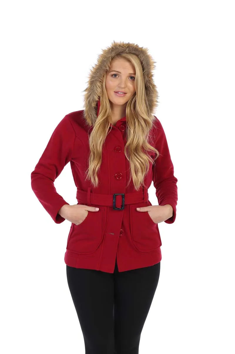 unik Women Fleece Coat with Fur Hood and Detachable Belt