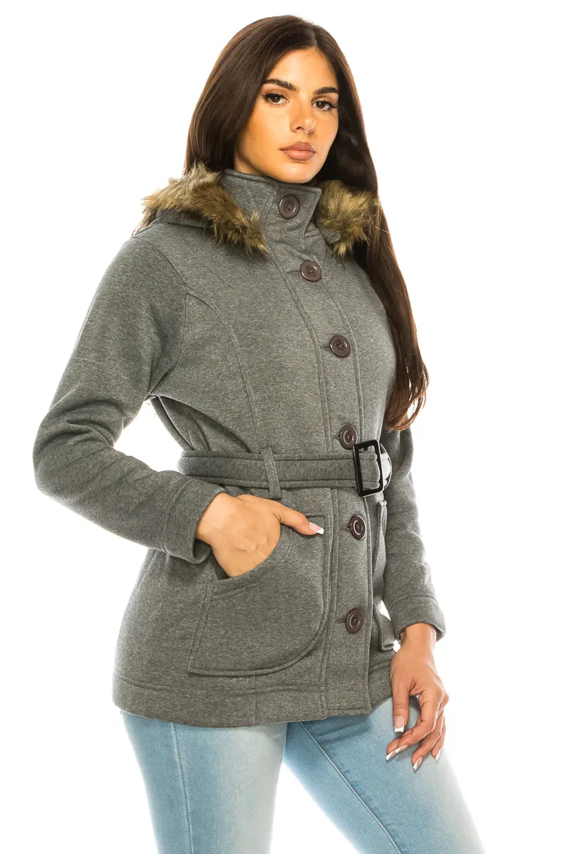 unik Women Fleece Coat with Fur Hood and Detachable Belt