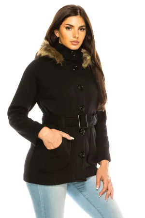 unik Women Fleece Coat with Fur Hood and Detachable Belt