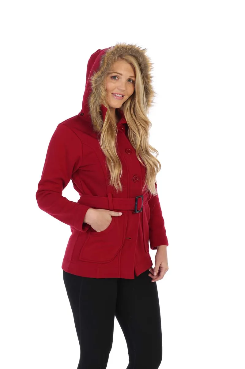 unik Women Fleece Coat with Fur Hood and Detachable Belt