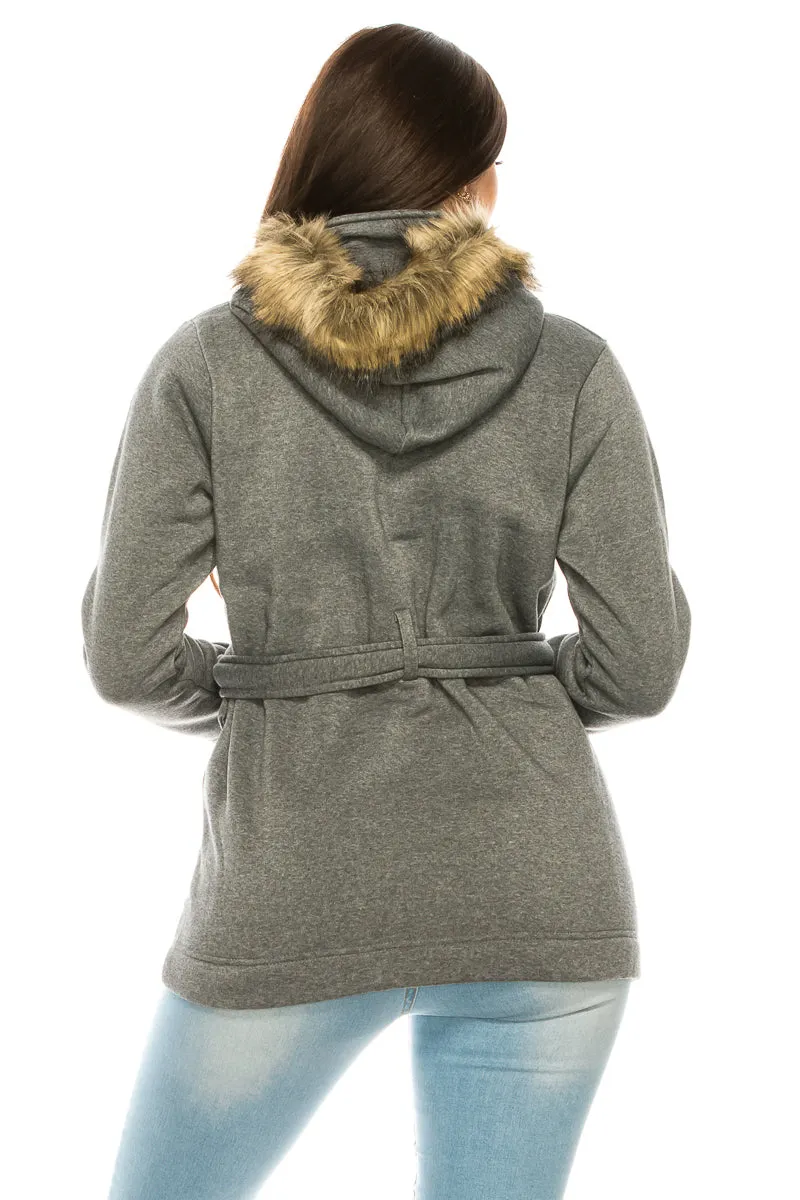 unik Women Fleece Coat with Fur Hood and Detachable Belt