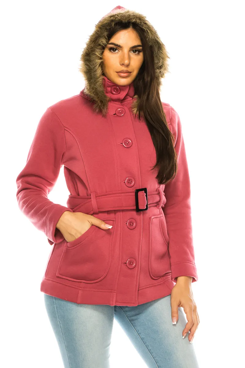 unik Women Fleece Coat with Fur Hood and Detachable Belt