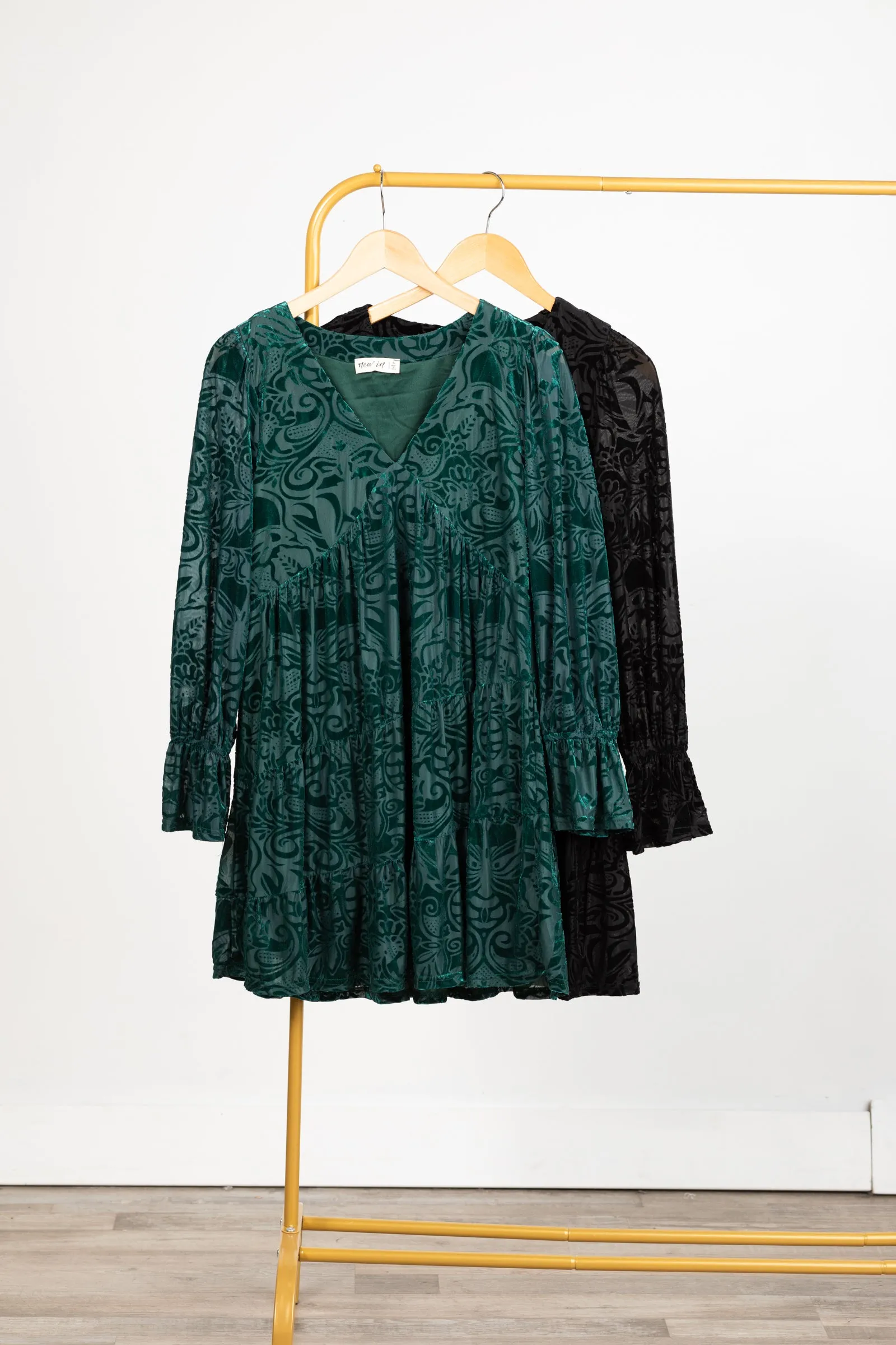 V-Neck Jacquared Velvet Long Sleeve Dress