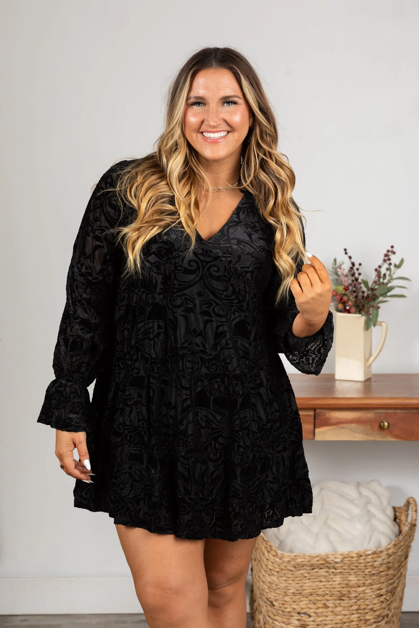 V-Neck Jacquared Velvet Long Sleeve Dress
