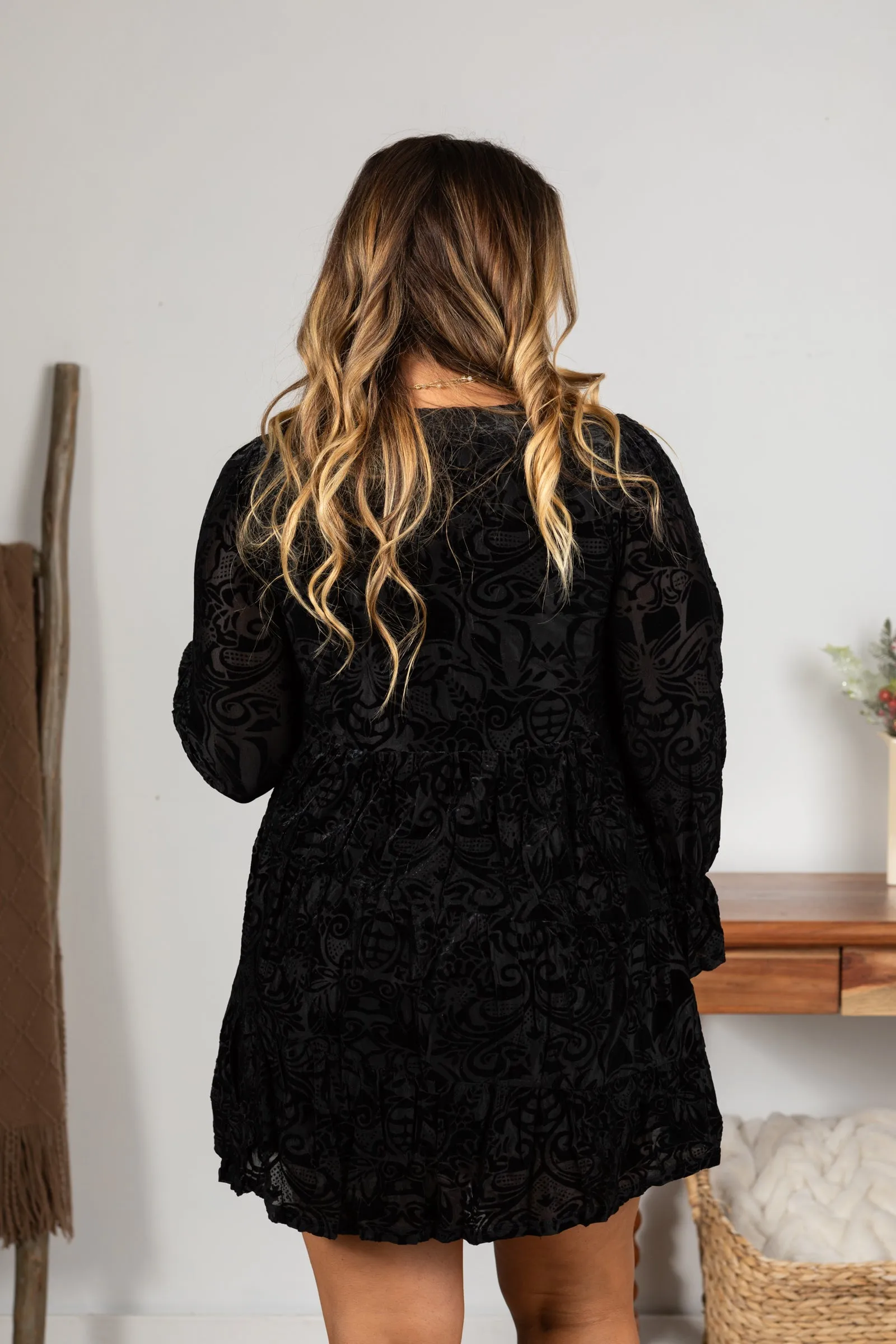 V-Neck Jacquared Velvet Long Sleeve Dress