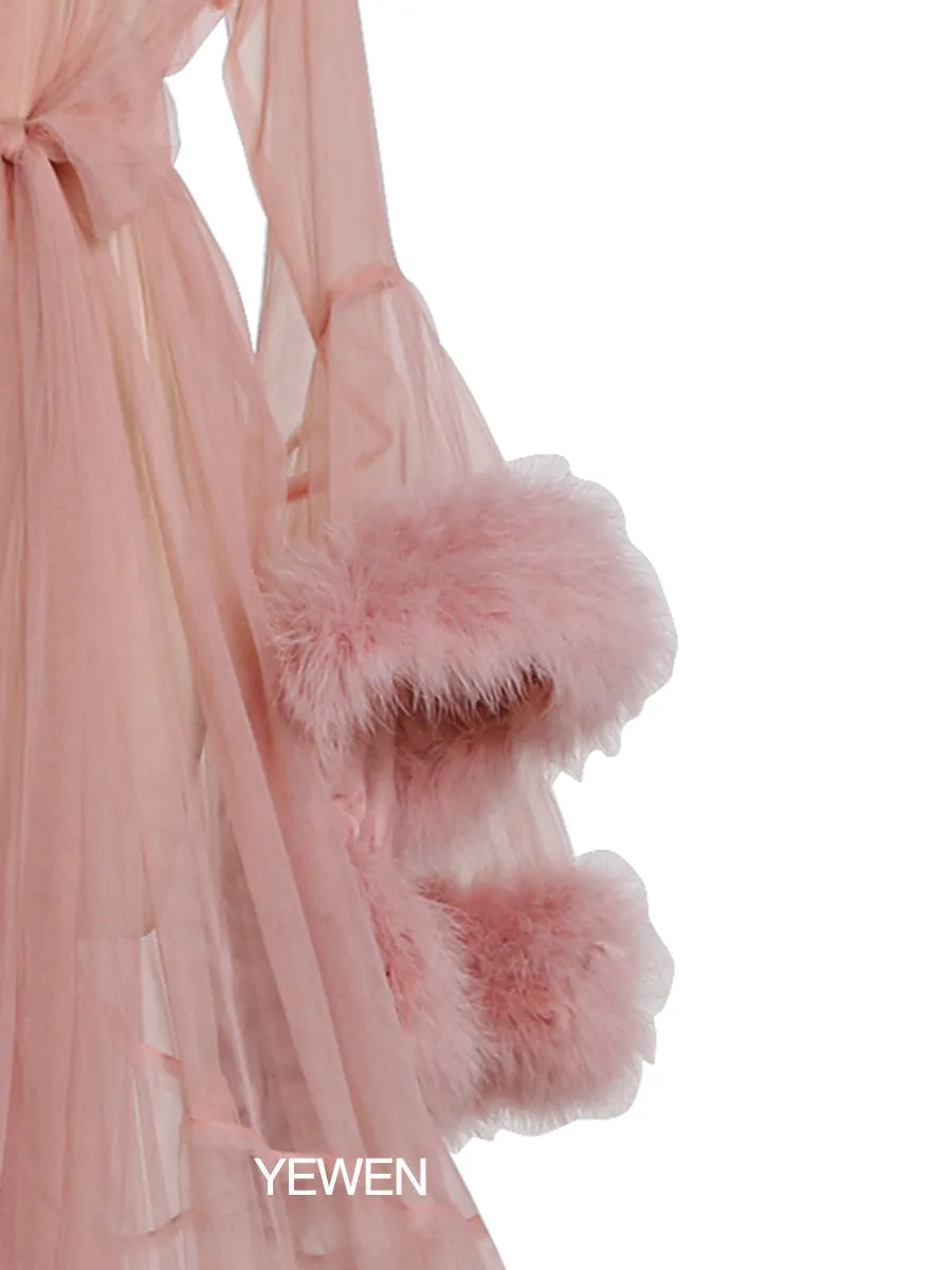 V Neck Party Dress Ostrich Feather Bell Sleeve Bow Maxi Elegant Maternity Dress Prom Gown