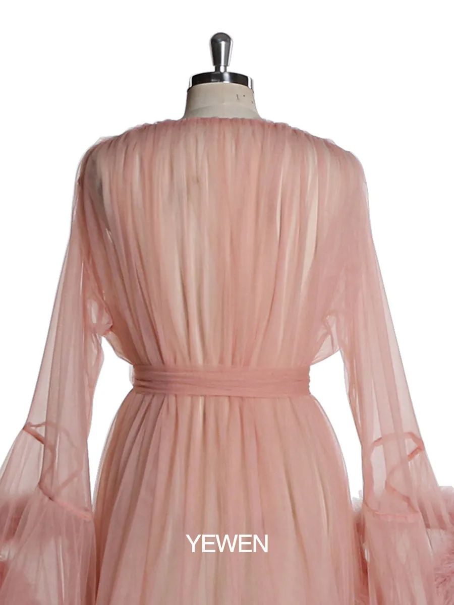 V Neck Party Dress Ostrich Feather Bell Sleeve Bow Maxi Elegant Maternity Dress Prom Gown