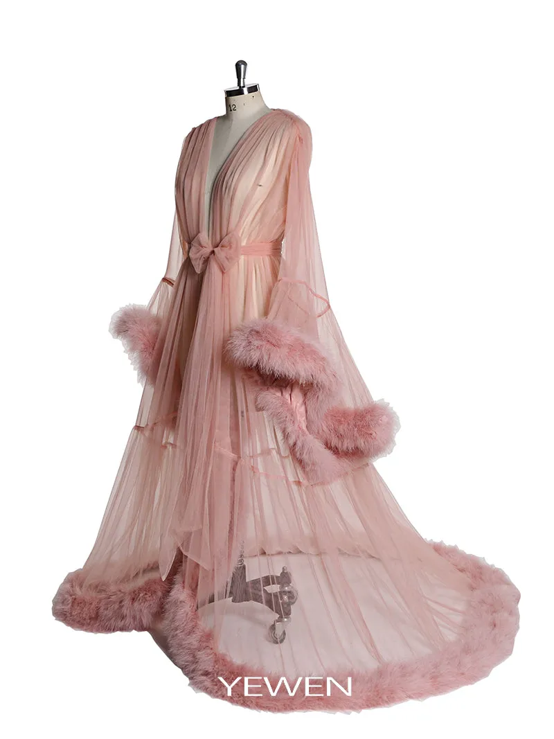 V Neck Party Dress Ostrich Feather Bell Sleeve Bow Maxi Elegant Maternity Dress Prom Gown