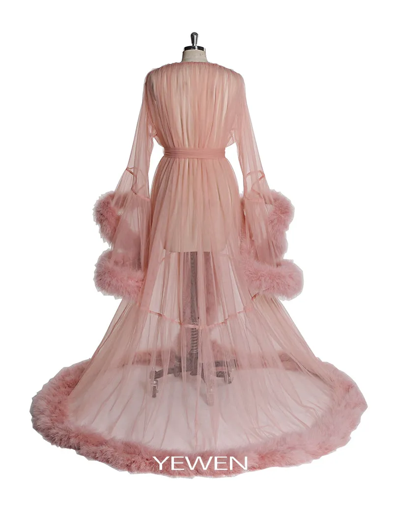 V Neck Party Dress Ostrich Feather Bell Sleeve Bow Maxi Elegant Maternity Dress Prom Gown