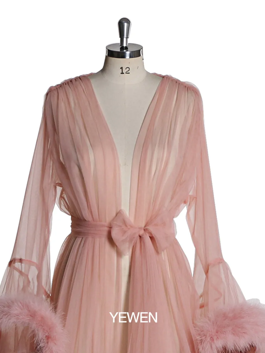 V Neck Party Dress Ostrich Feather Bell Sleeve Bow Maxi Elegant Maternity Dress Prom Gown