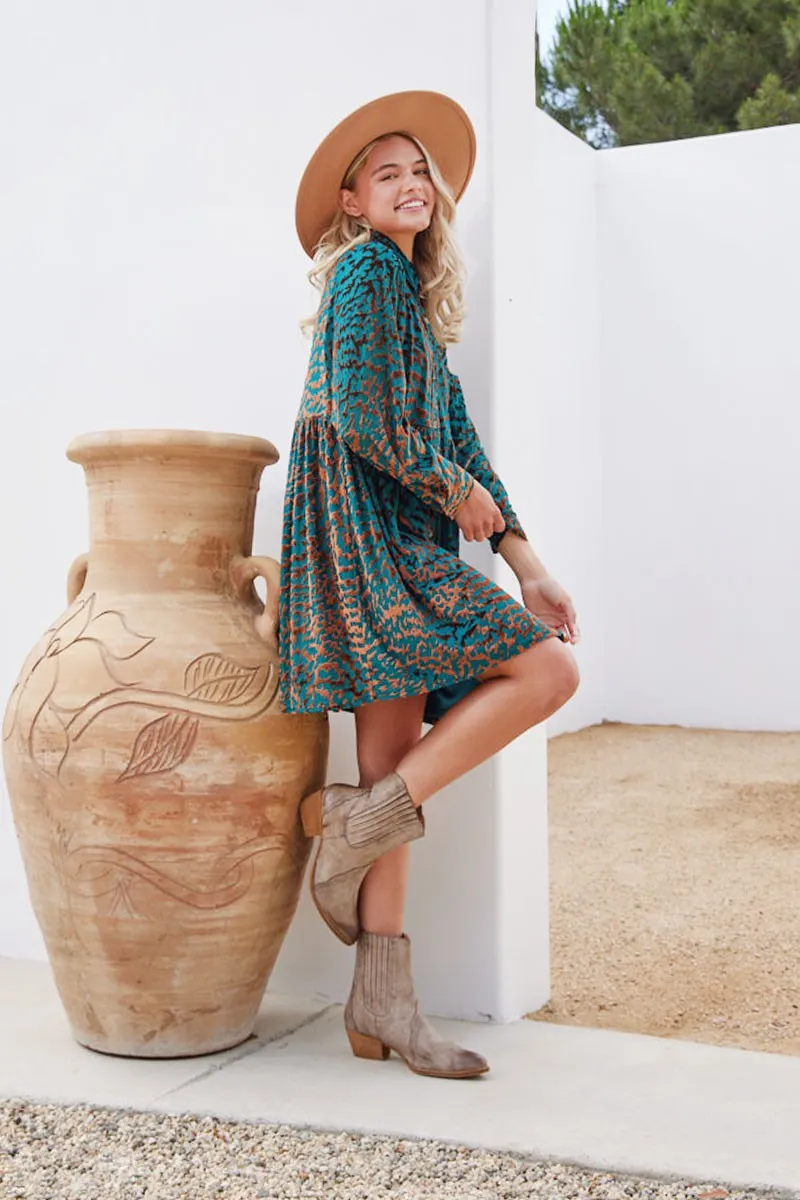 Velvet Leopard Button-up Baby Doll Dress in Teal