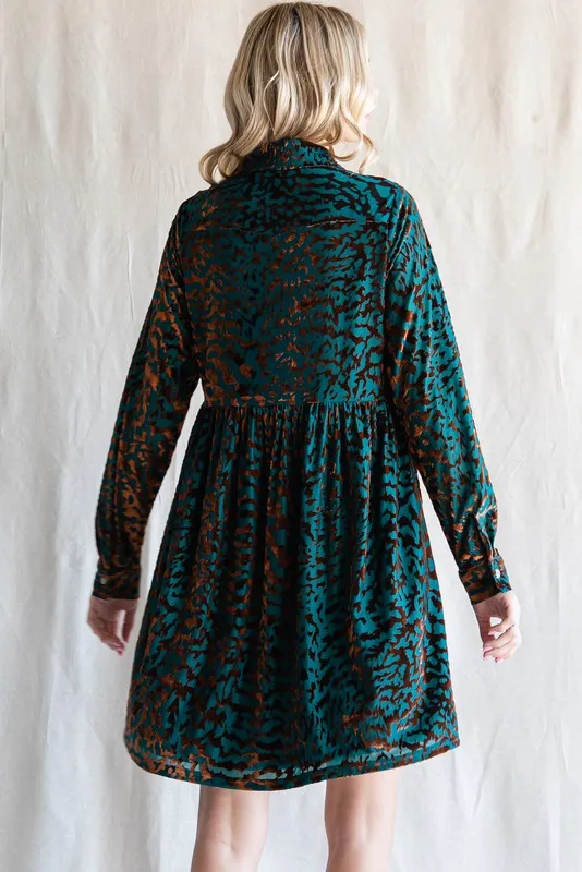 Velvet Leopard Button-up Baby Doll Dress in Teal