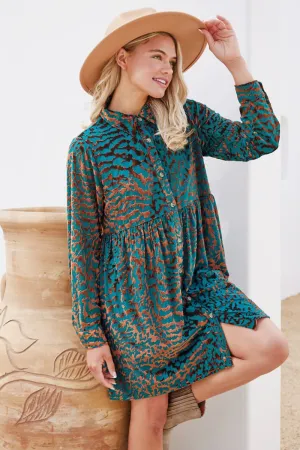 Velvet Leopard Button-up Baby Doll Dress in Teal