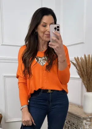 Verity Orange Sequin Heart Top