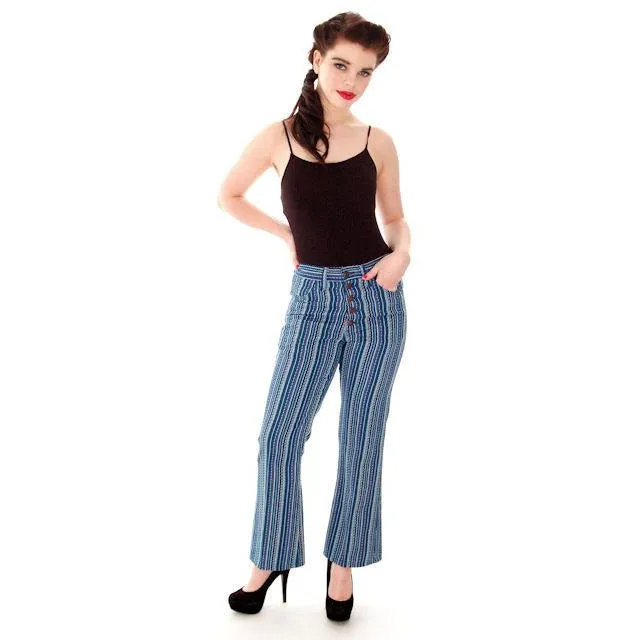 Vintage Levis Big E Blue Striped Button Fly Womens  29" Waist  Late 1960s
