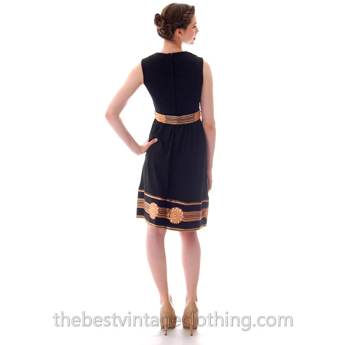Vintage Victor Costa Romantica Black/ Metallic Gold  Border Print Cocktail Dress 1970S 36-28-Free