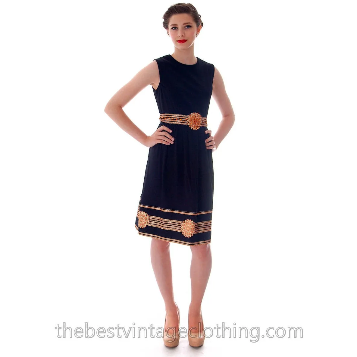 Vintage Victor Costa Romantica Black/ Metallic Gold  Border Print Cocktail Dress 1970S 36-28-Free