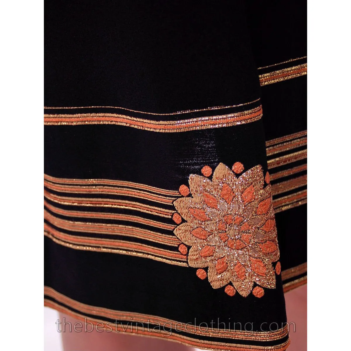 Vintage Victor Costa Romantica Black/ Metallic Gold  Border Print Cocktail Dress 1970S 36-28-Free