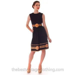 Vintage Victor Costa Romantica Black/ Metallic Gold  Border Print Cocktail Dress 1970S 36-28-Free
