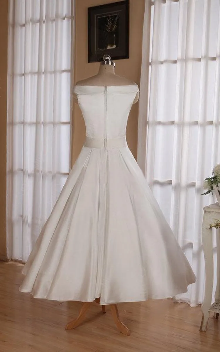 Wedding Ribbon Off-The-Shoulder Neckline 3-4-Length Sleeveless Dress-711192