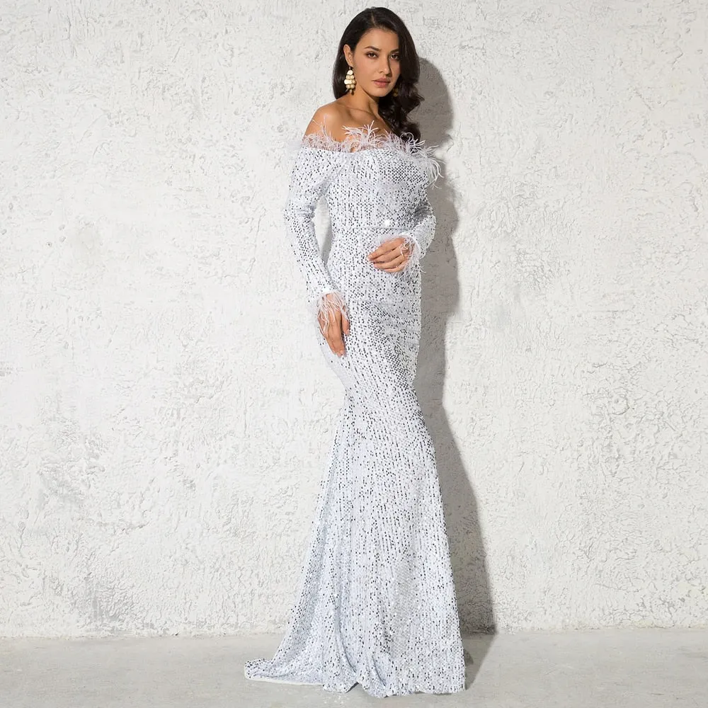 White Shiny Sequin Feather Velvet Party Dress