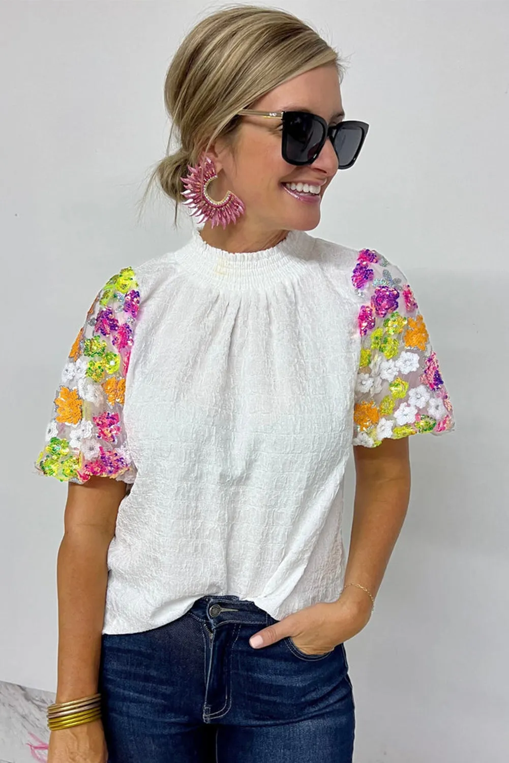 White Smocked Collar Sequin Flower Puff Sleeve Textured Top