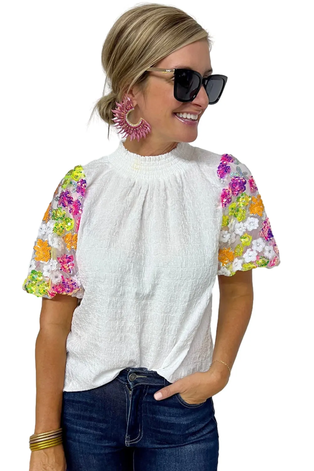 White Smocked Collar Sequin Flower Puff Sleeve Textured Top